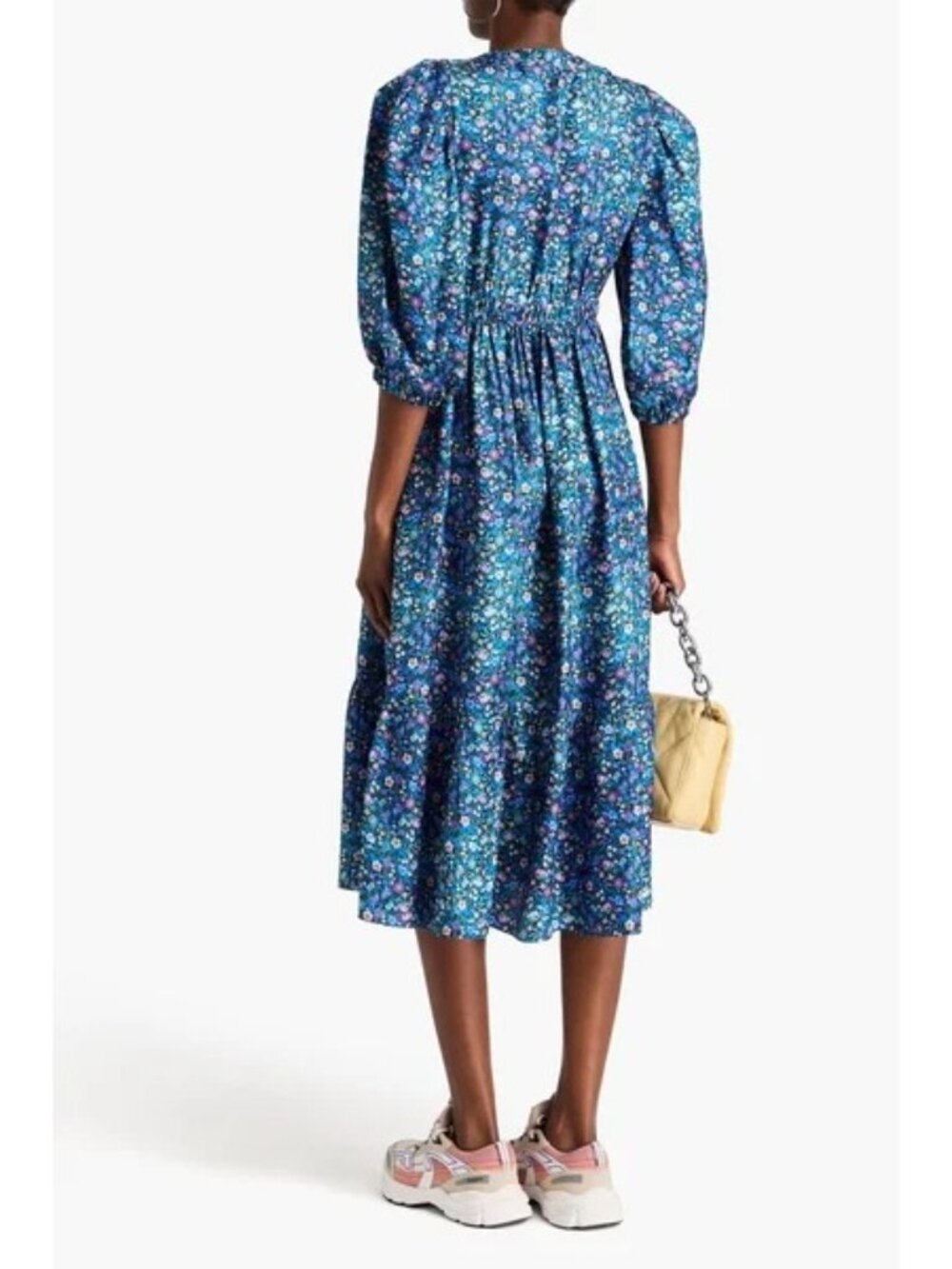 J. Crew Dress Size Large Blue Maxi Floral Print 100% Cotton Smocked Puff Sleeve - Picture 2 of 11